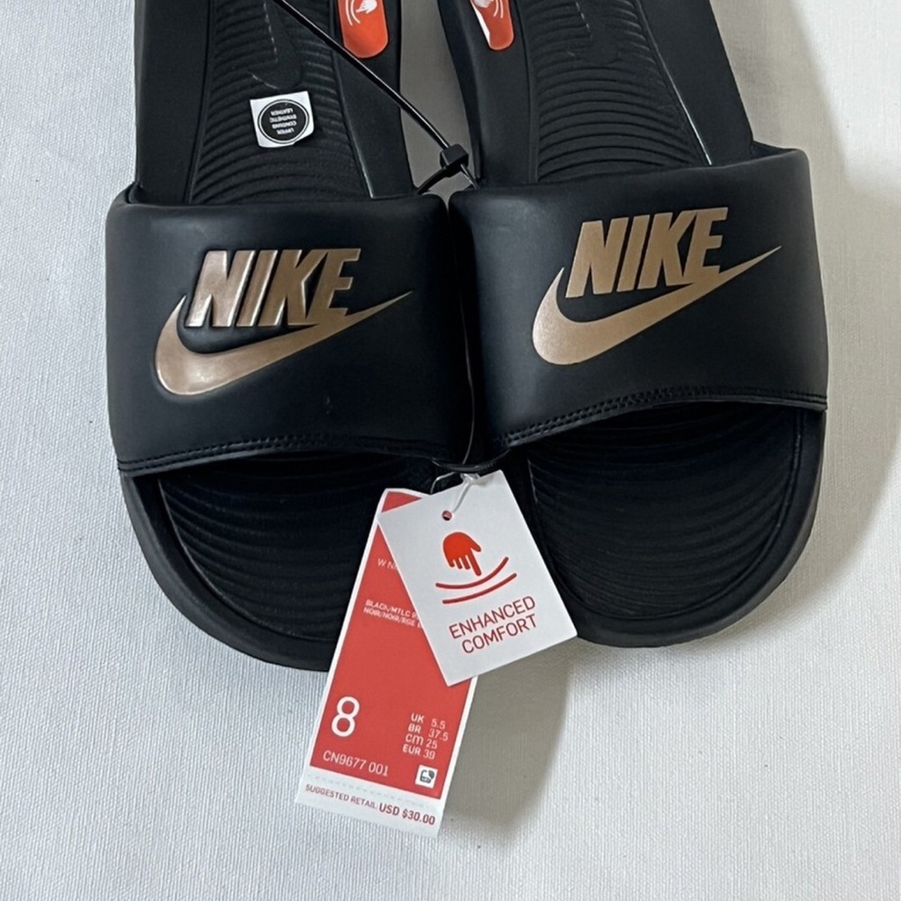 Nike Black Slides with Gold Logo woman’s 8 NWT - Picture 2 of 3